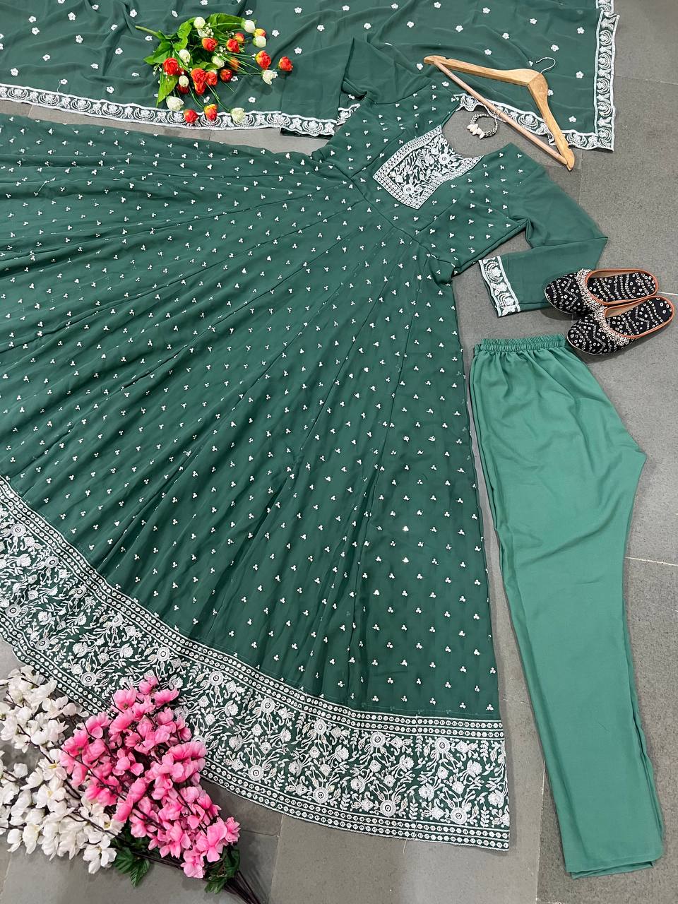 Aqua Green Color Embroidery Work Anarkali Gown