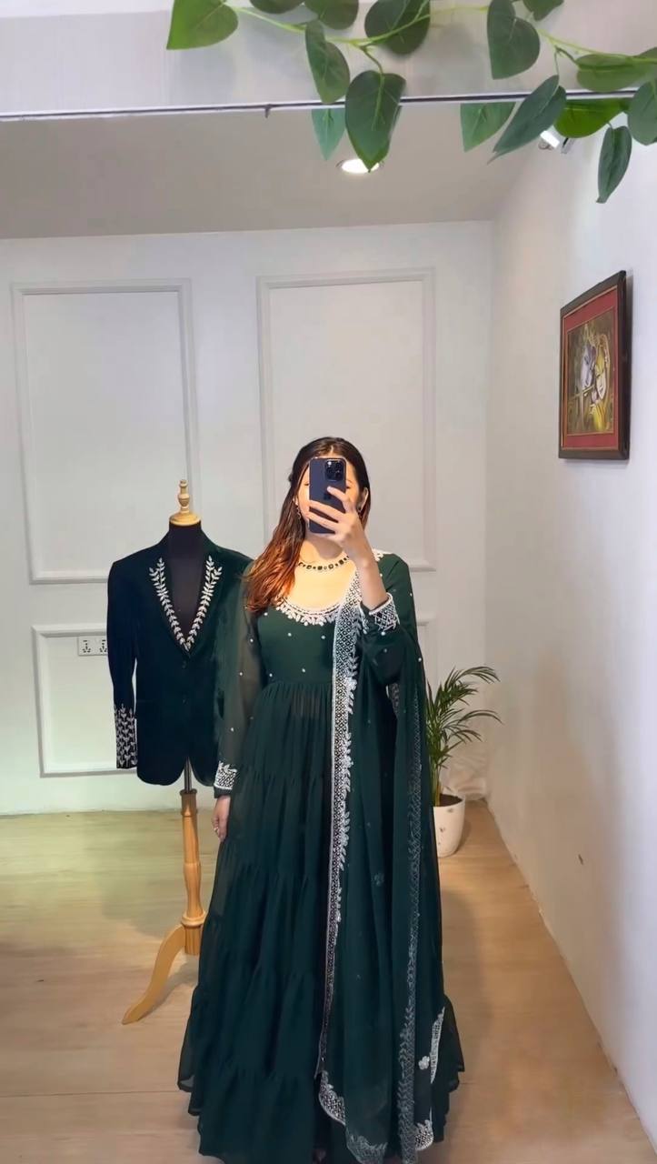 Ruffle Style Teal Green Color Sequence Work Anarkali Gown
