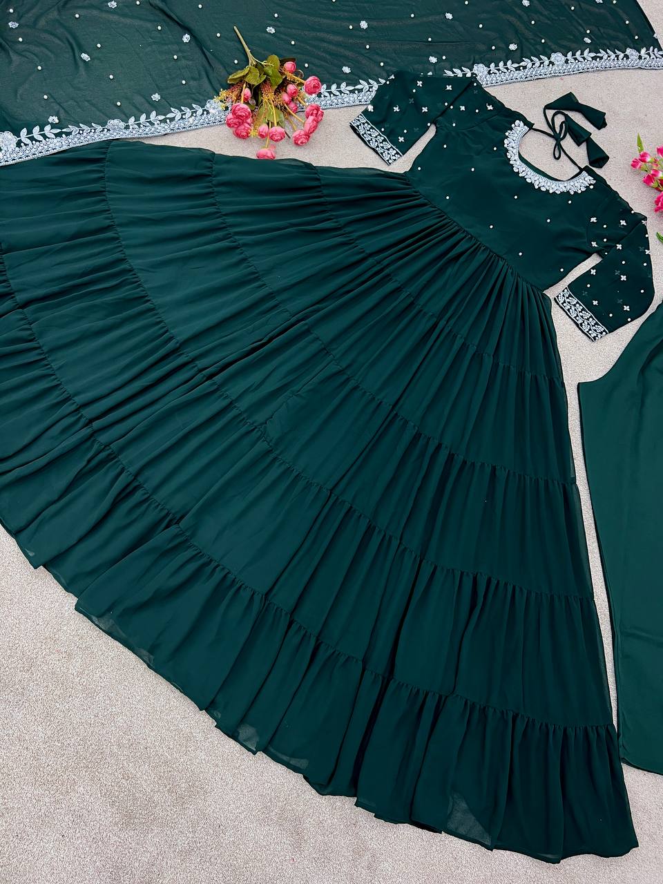Ruffle Style Teal Green Color Sequence Work Anarkali Gown