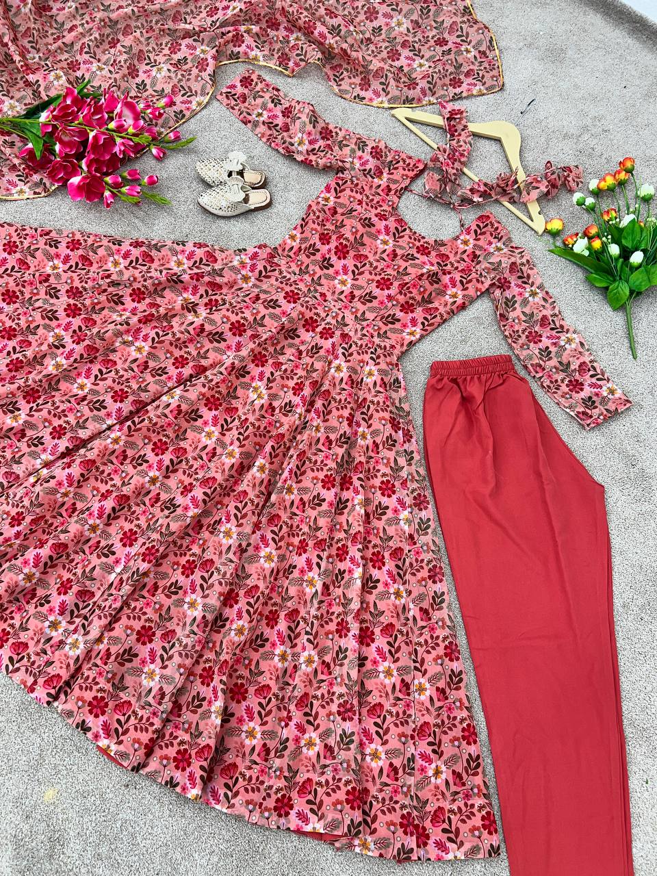 Good Looking Digital Print Red Color Anarkali Gown