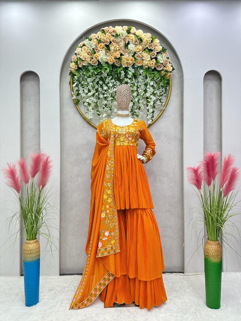 Crush Pleated Orange Color Sequence Work Sharara Suit