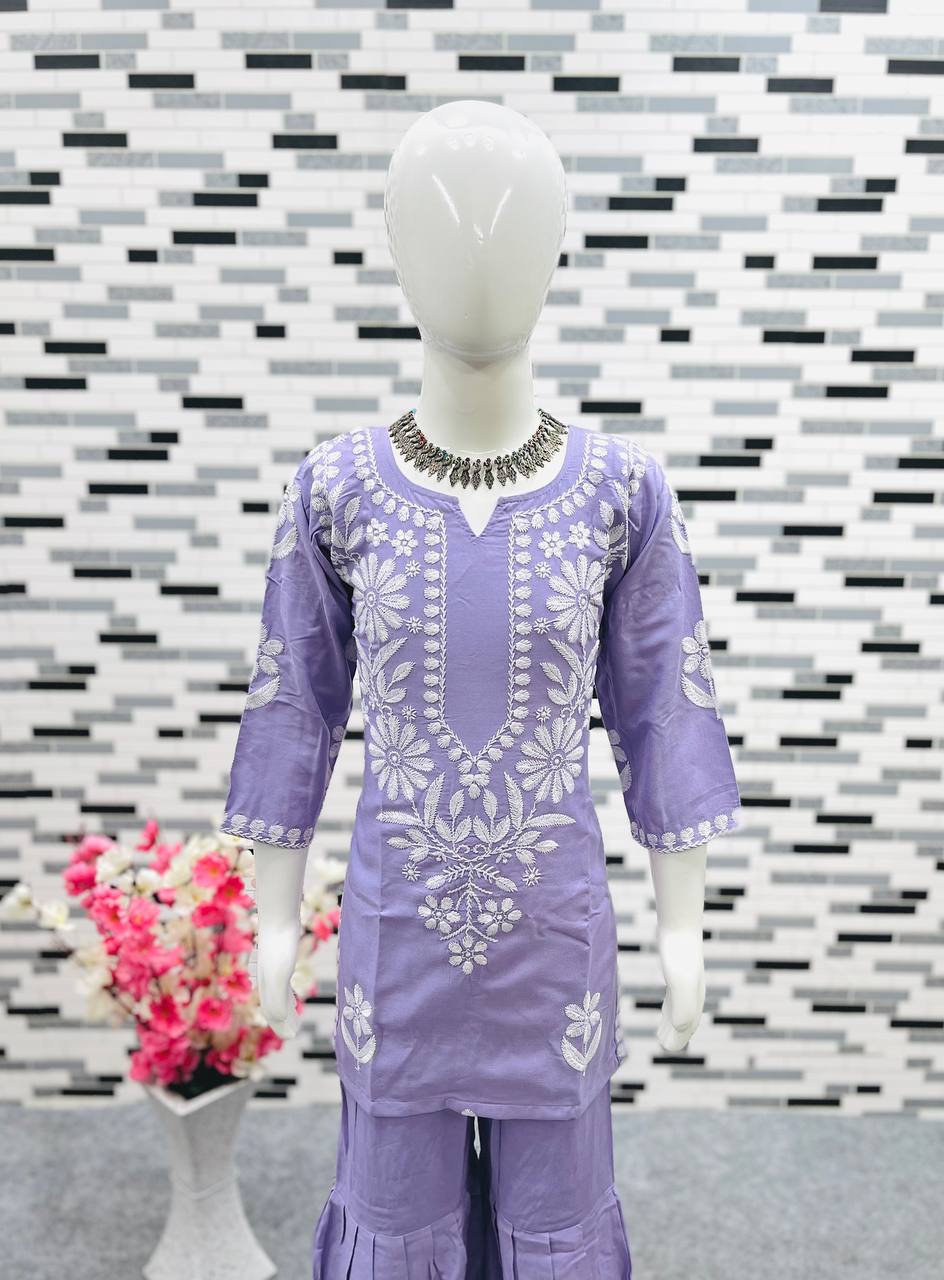 Lavender Color Embroidery Work Kid's Sharara With Top