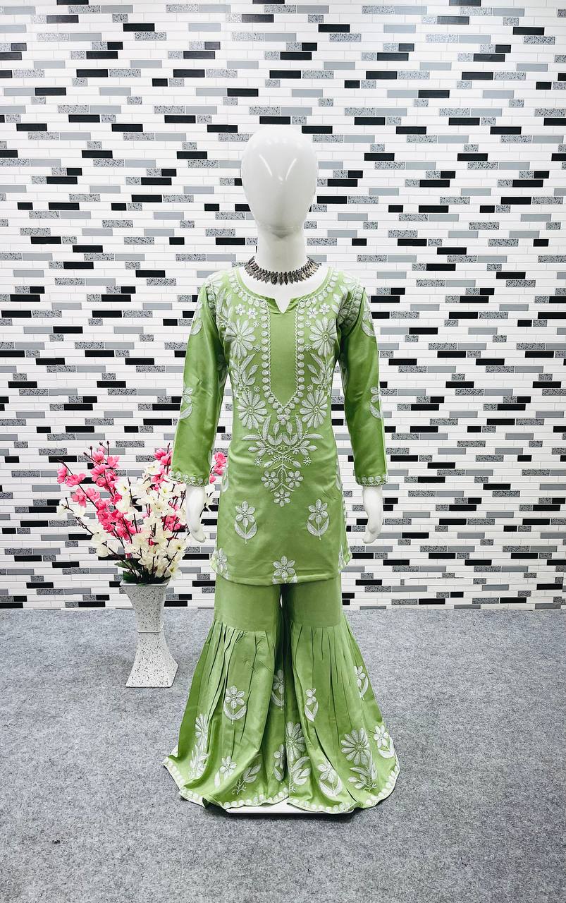 Green Color Embroidery Work Kid's Sharara With Top