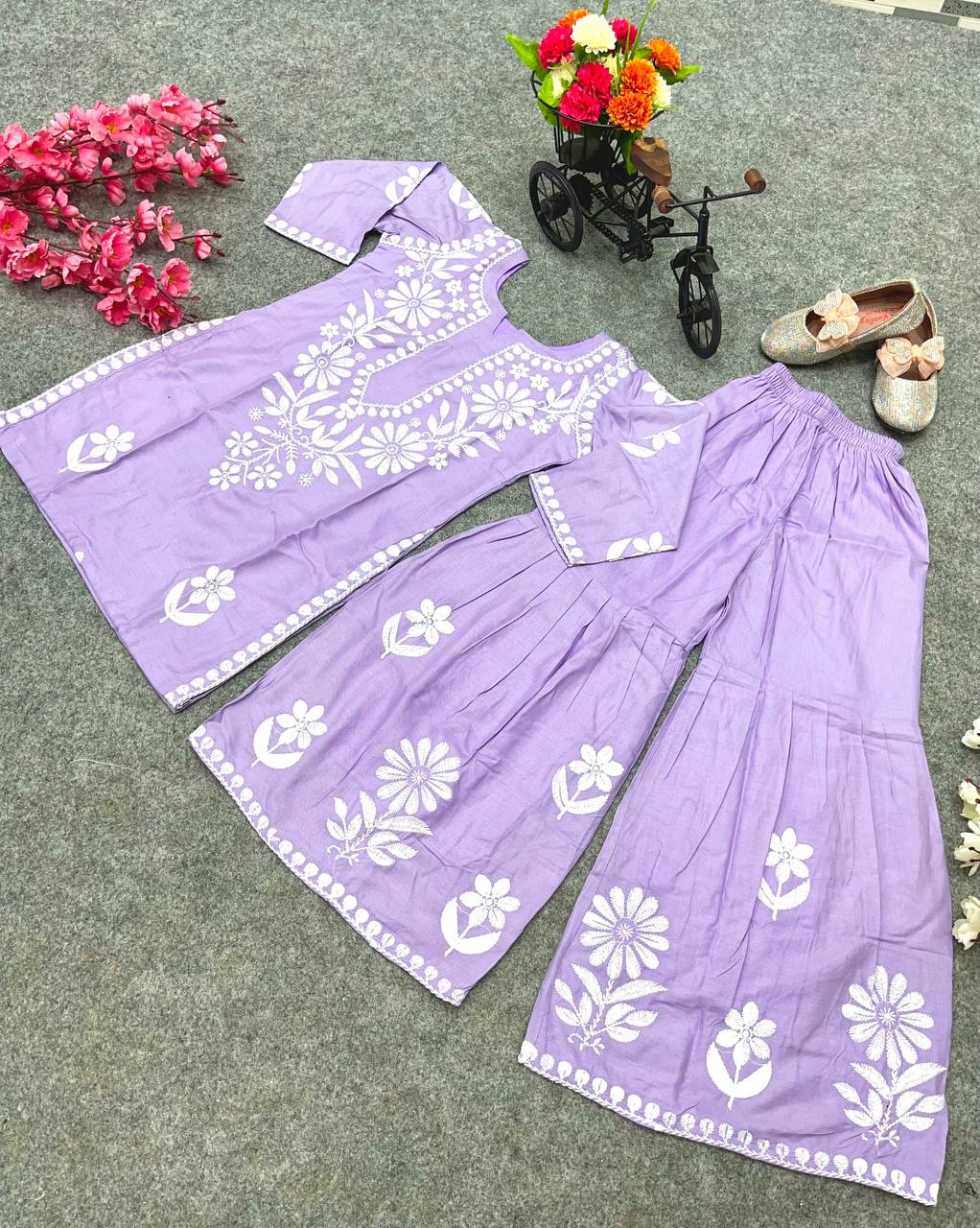 Lavender Color Embroidery Work Kid's Sharara With Top