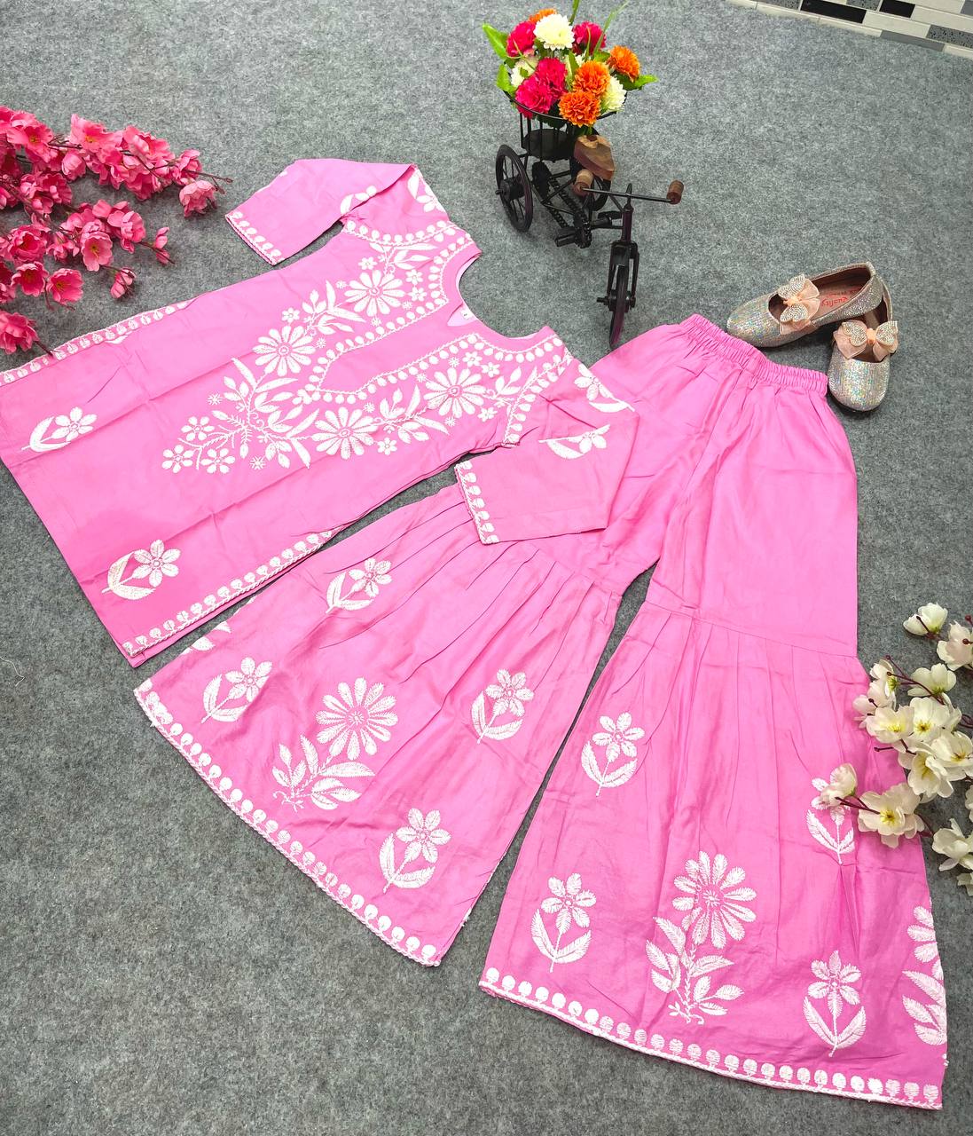 Pink Color Embroidery Work Kid's Sharara With Top