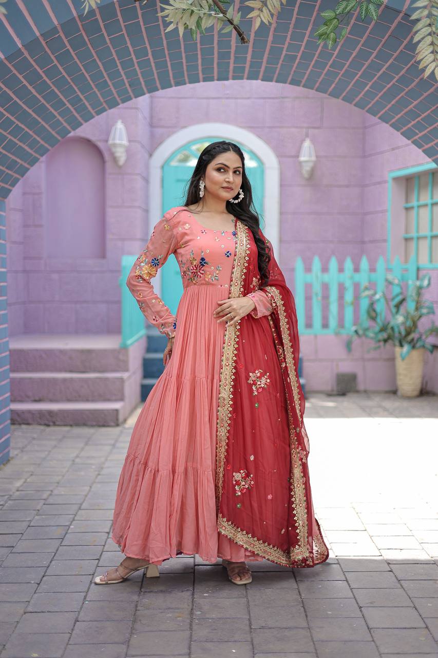 Exclusive Embroidery Work Peach Color Gown With Dupatta