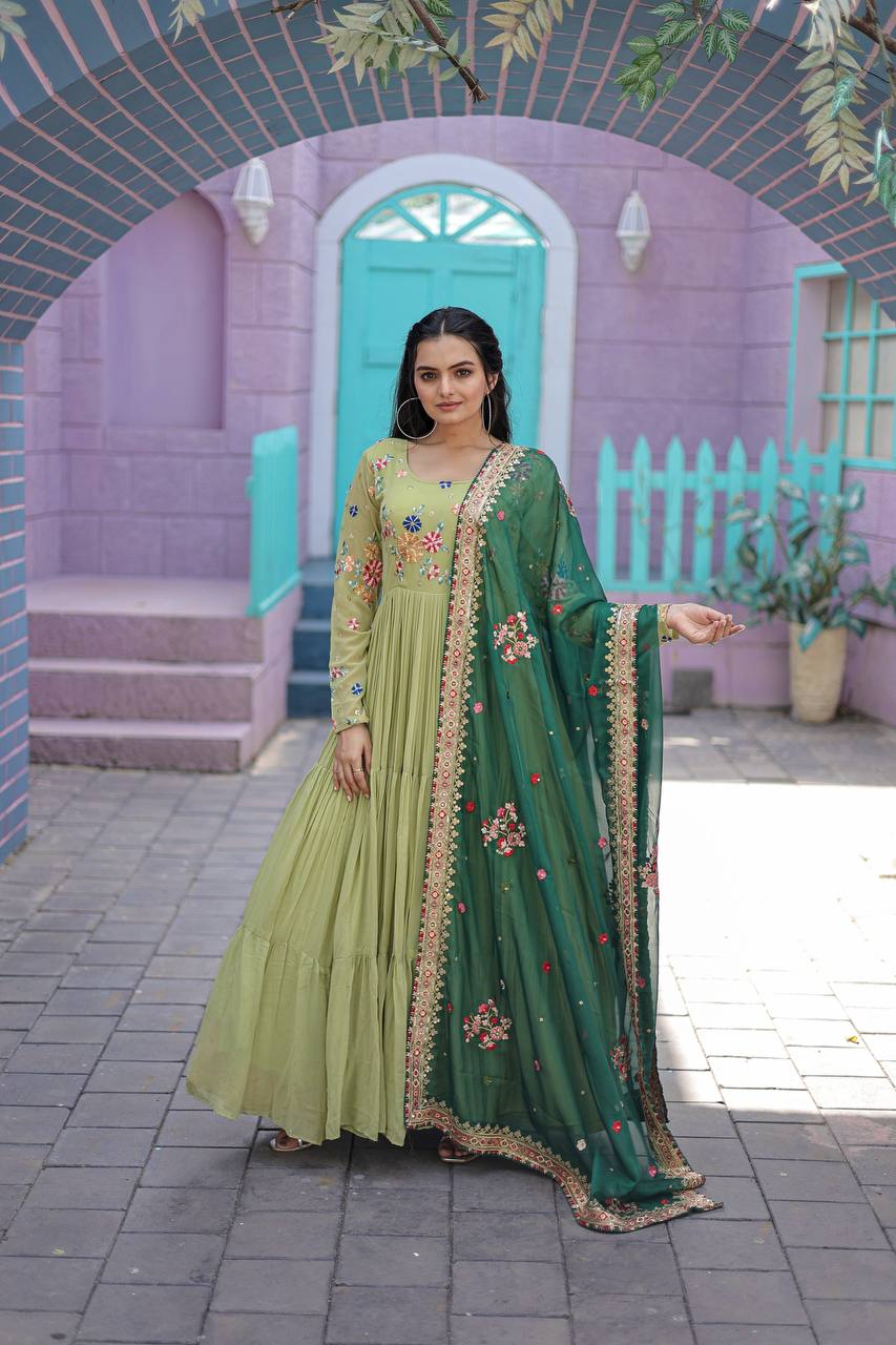 Exclusive Embroidery Work  Parrot Green Color Gown With Dupatta