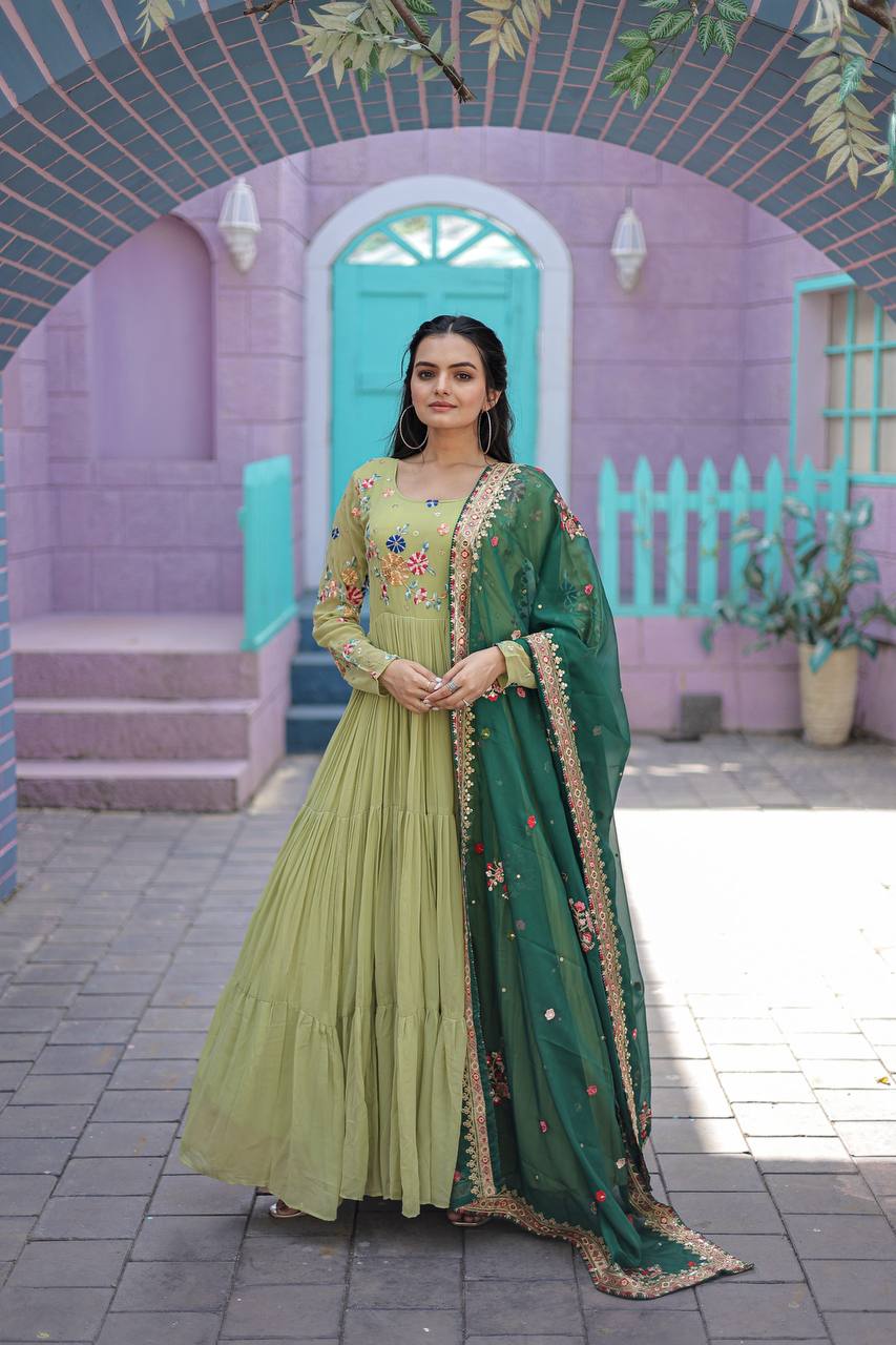 Exclusive Embroidery Work  Parrot Green Color Gown With Dupatta
