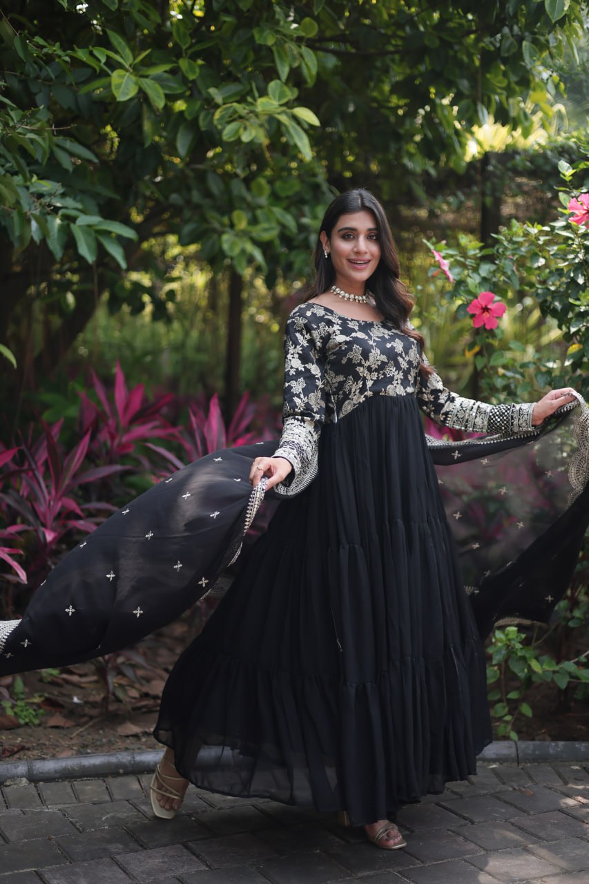 Party Wear Black Color Plain Long Gown With Dupatta – subhvastra