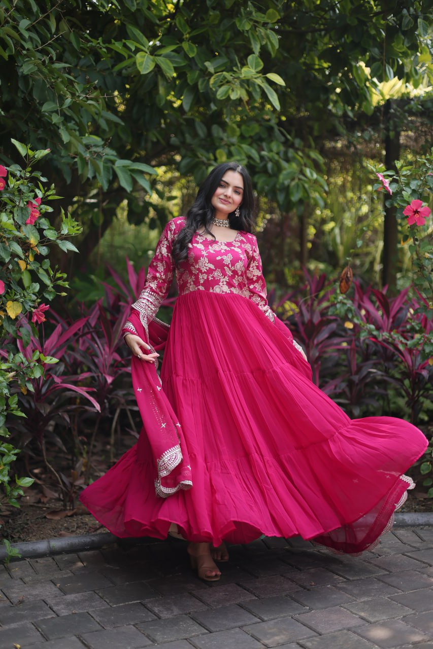 Attractive Pink Color Sequence Work Anarkali Gown With Dupatta