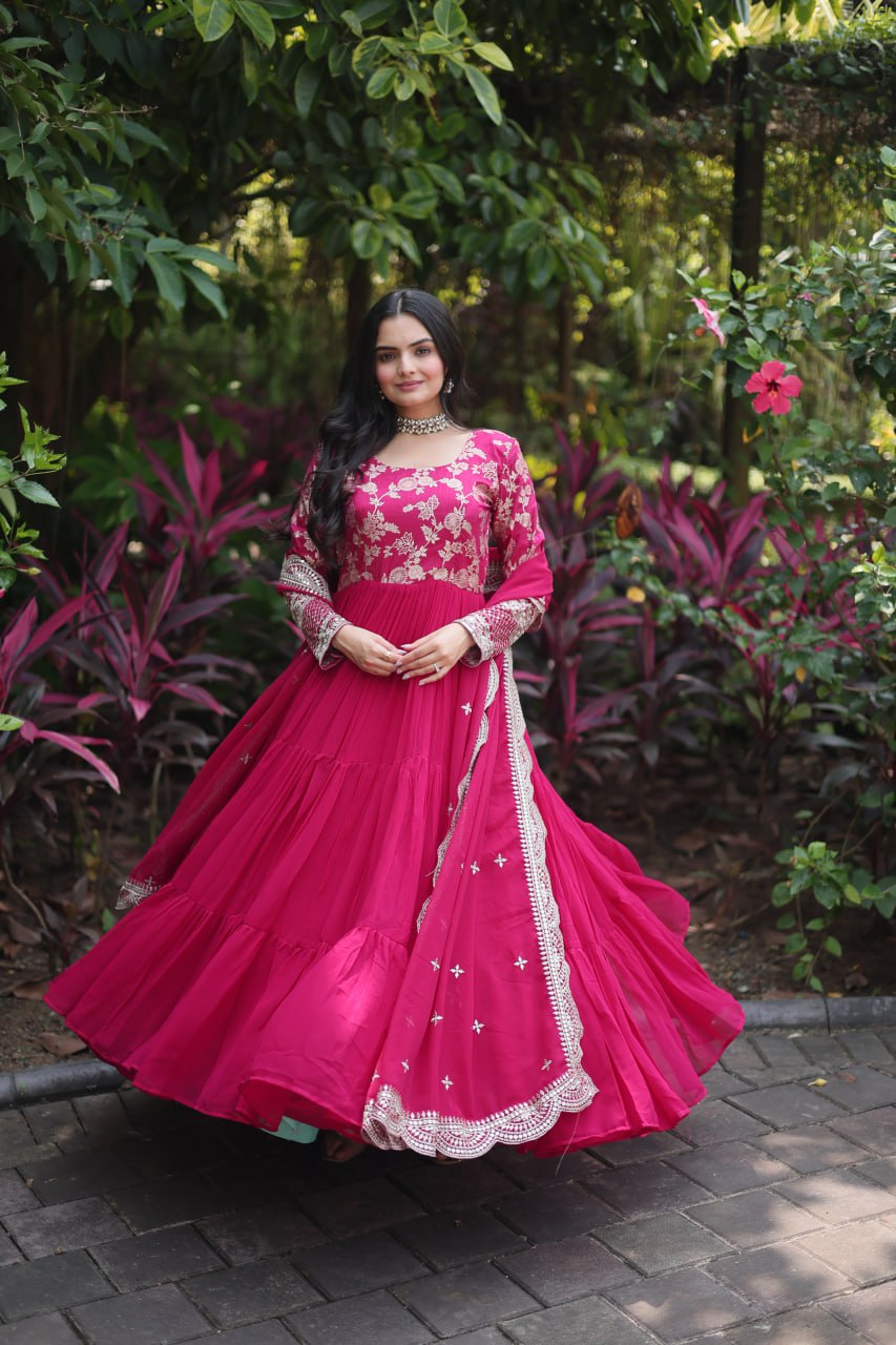 Attractive Pink Color Sequence Work Anarkali Gown With Dupatta