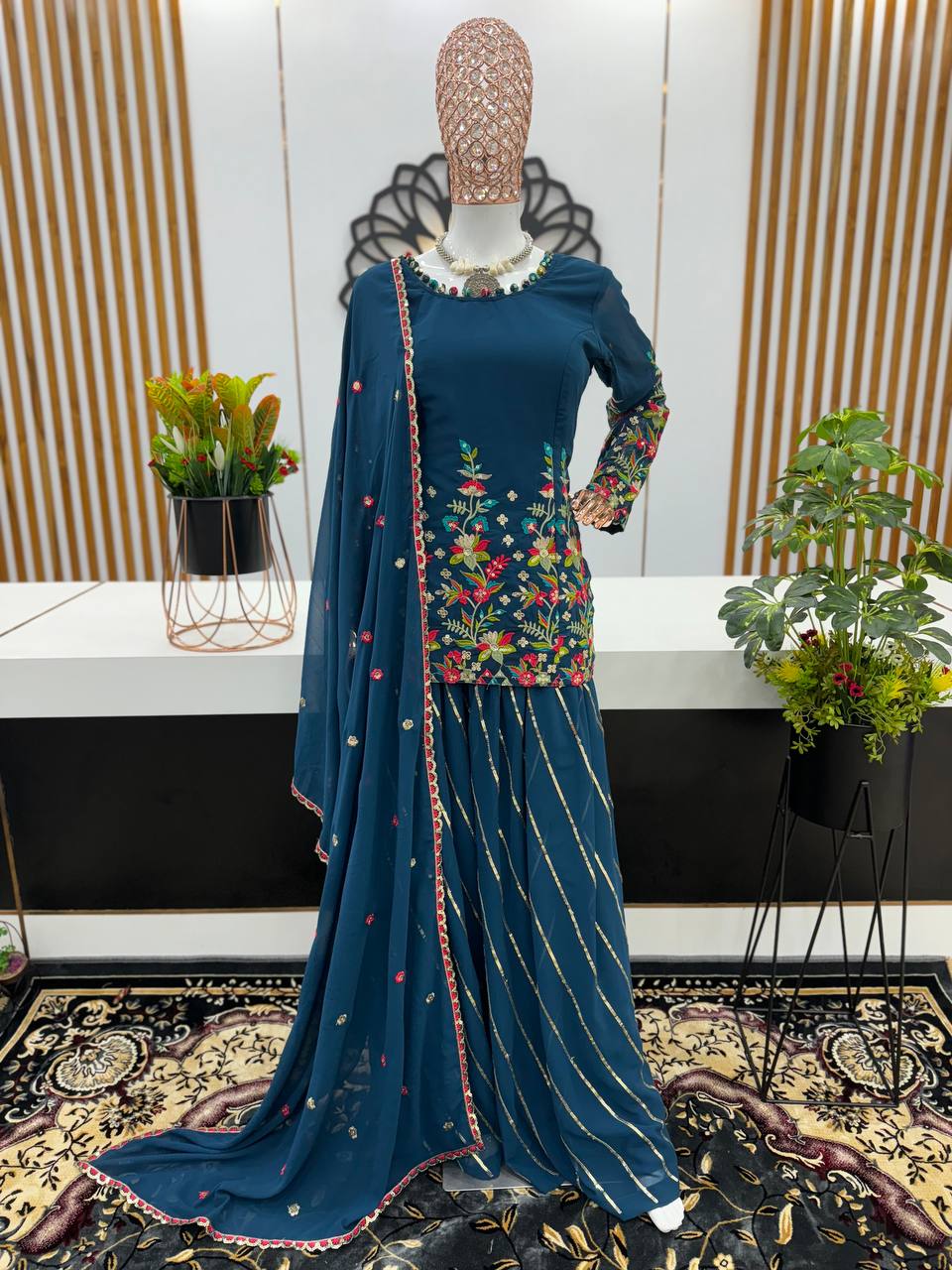 Amazing Teal Blue Color Sequence Thread Work Palazzo Suit