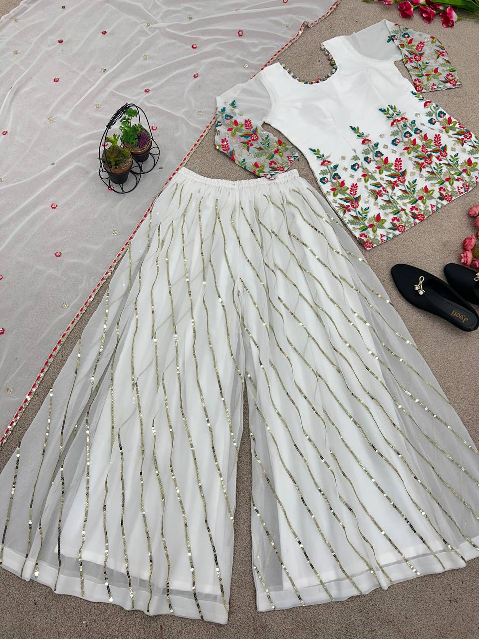 Amazing White Color Sequence Thread Work Palazzo Suit