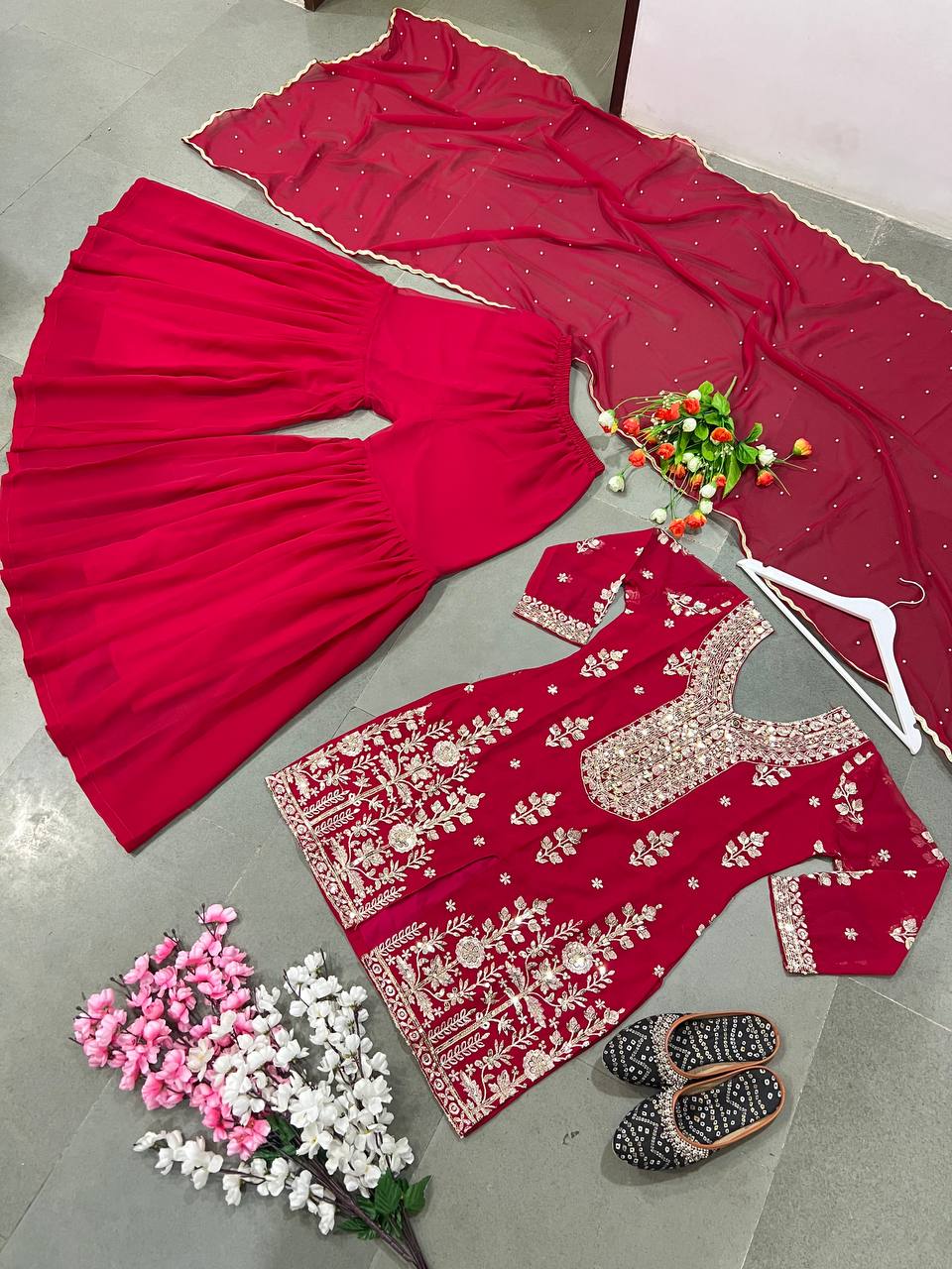 Admiring Embroidery Work Red Color Sharara Suit