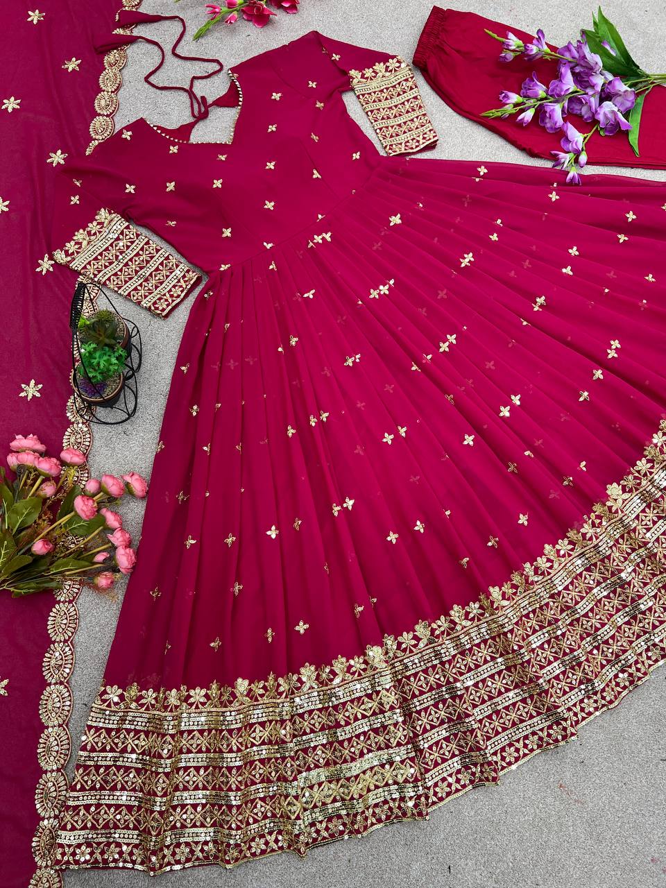 Embellished Pink Embroidery Work Long Anarkali Suit
