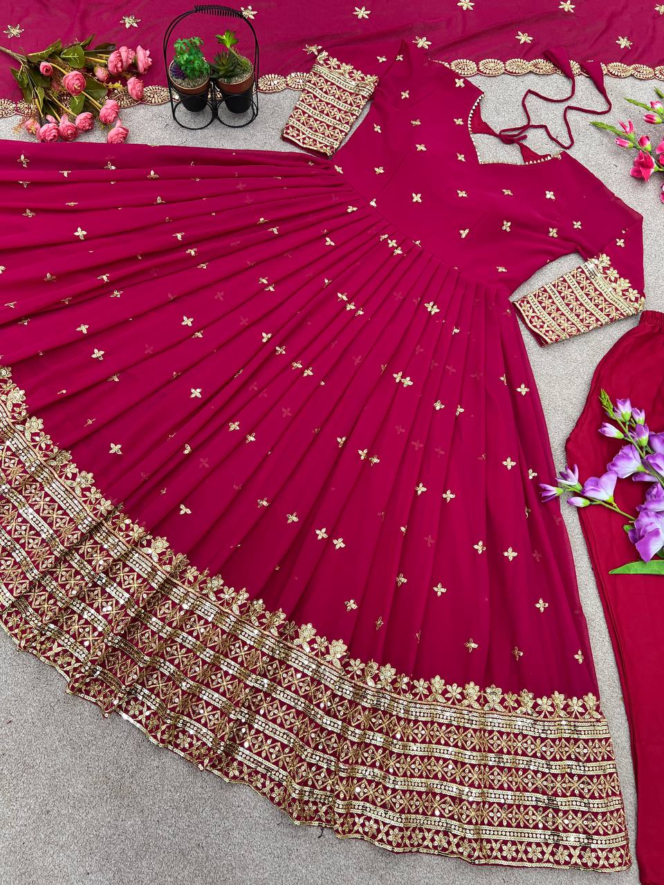 Embellished Pink Embroidery Work Long Anarkali Suit
