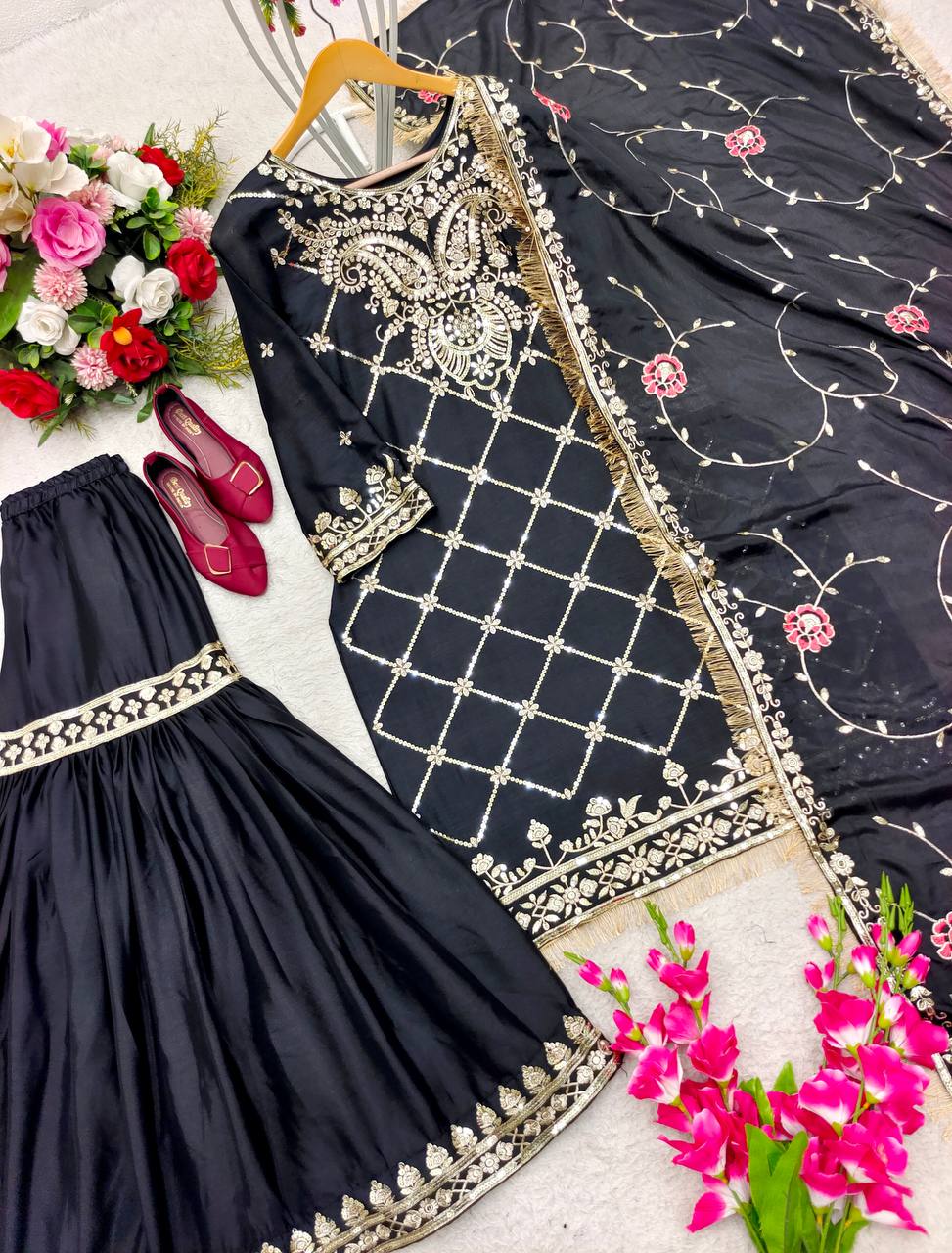 Festive Wear Black Color Sequence Work Sharara Suit