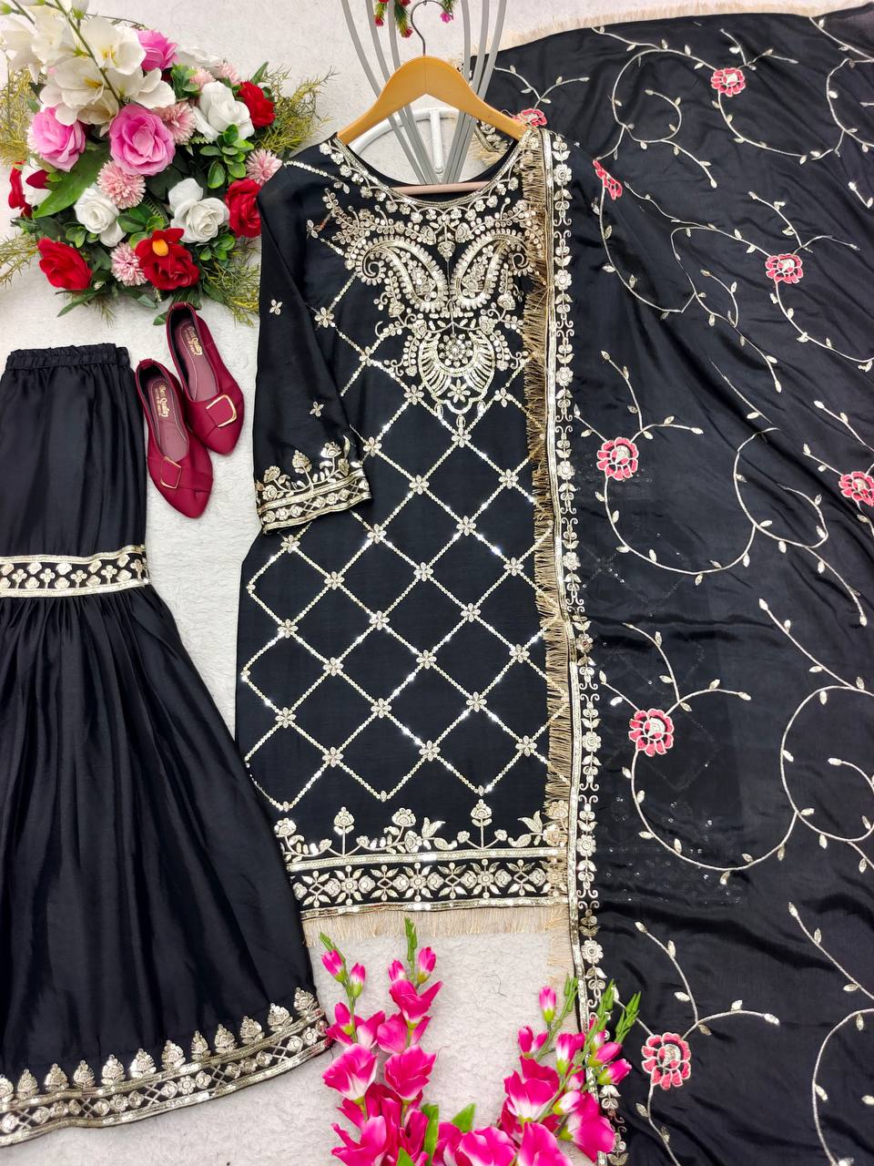 Festive Wear Black Color Sequence Work Sharara Suit