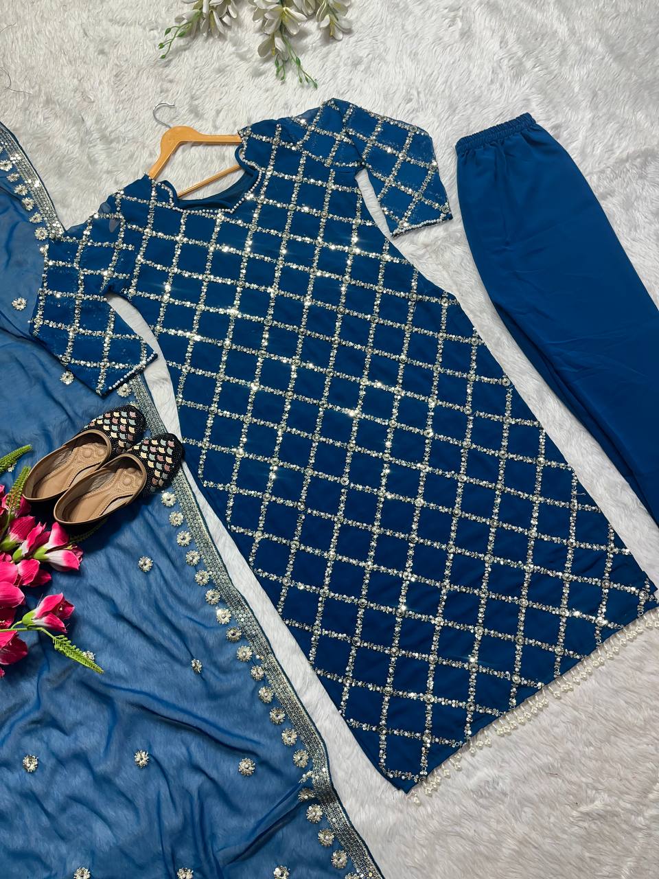 Party Wear Blue Color Heavy Work Kurti Pant With Dupatta