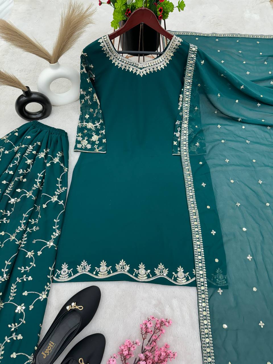 Teal Green Sequence With Embroidery Work Wedding Wear Sharara Suit