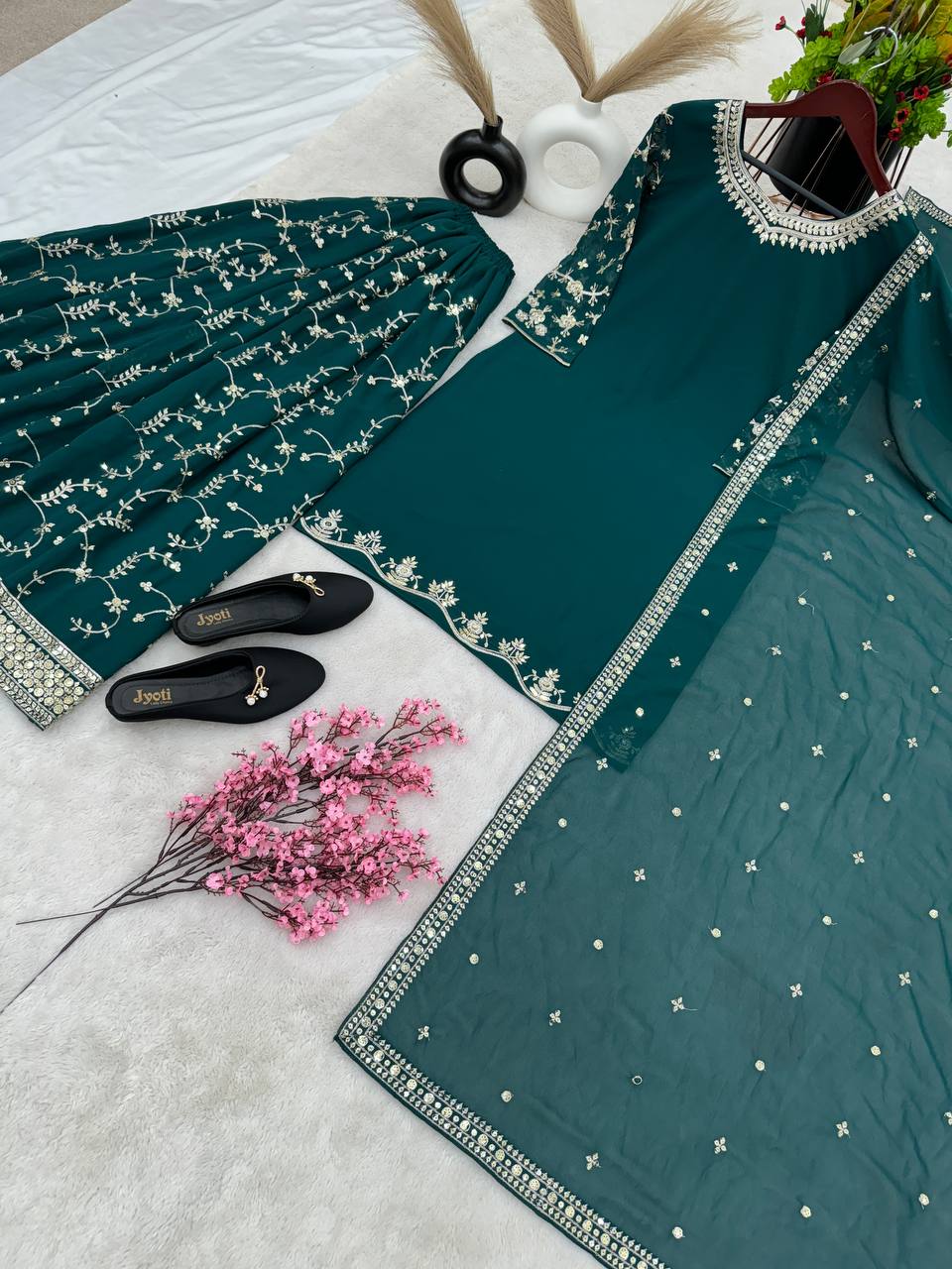 Teal Green Sequence With Embroidery Work Wedding Wear Sharara Suit