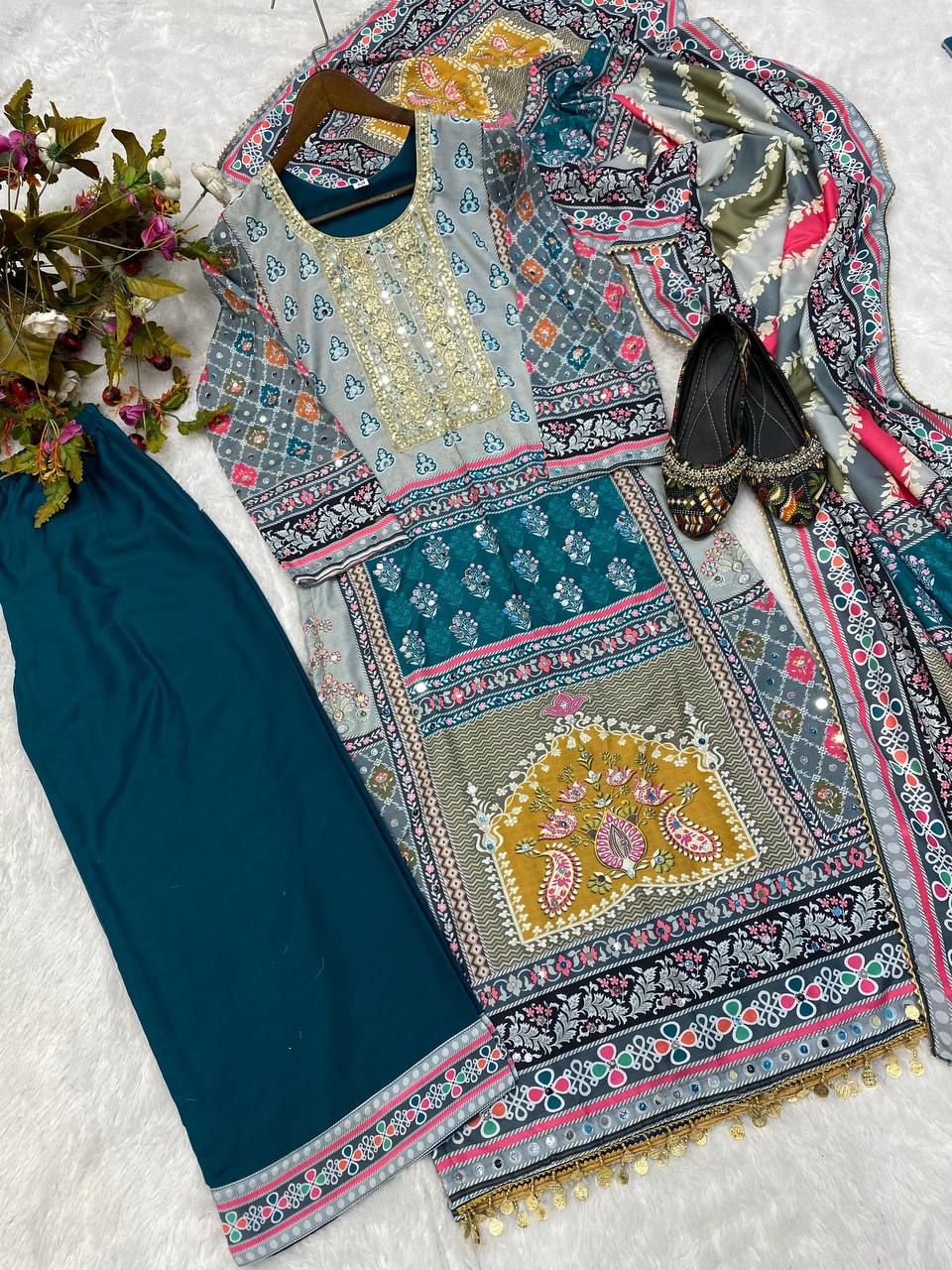 Shining Multi Print With  Mirror Work  Teal Blue Palazzo Suit