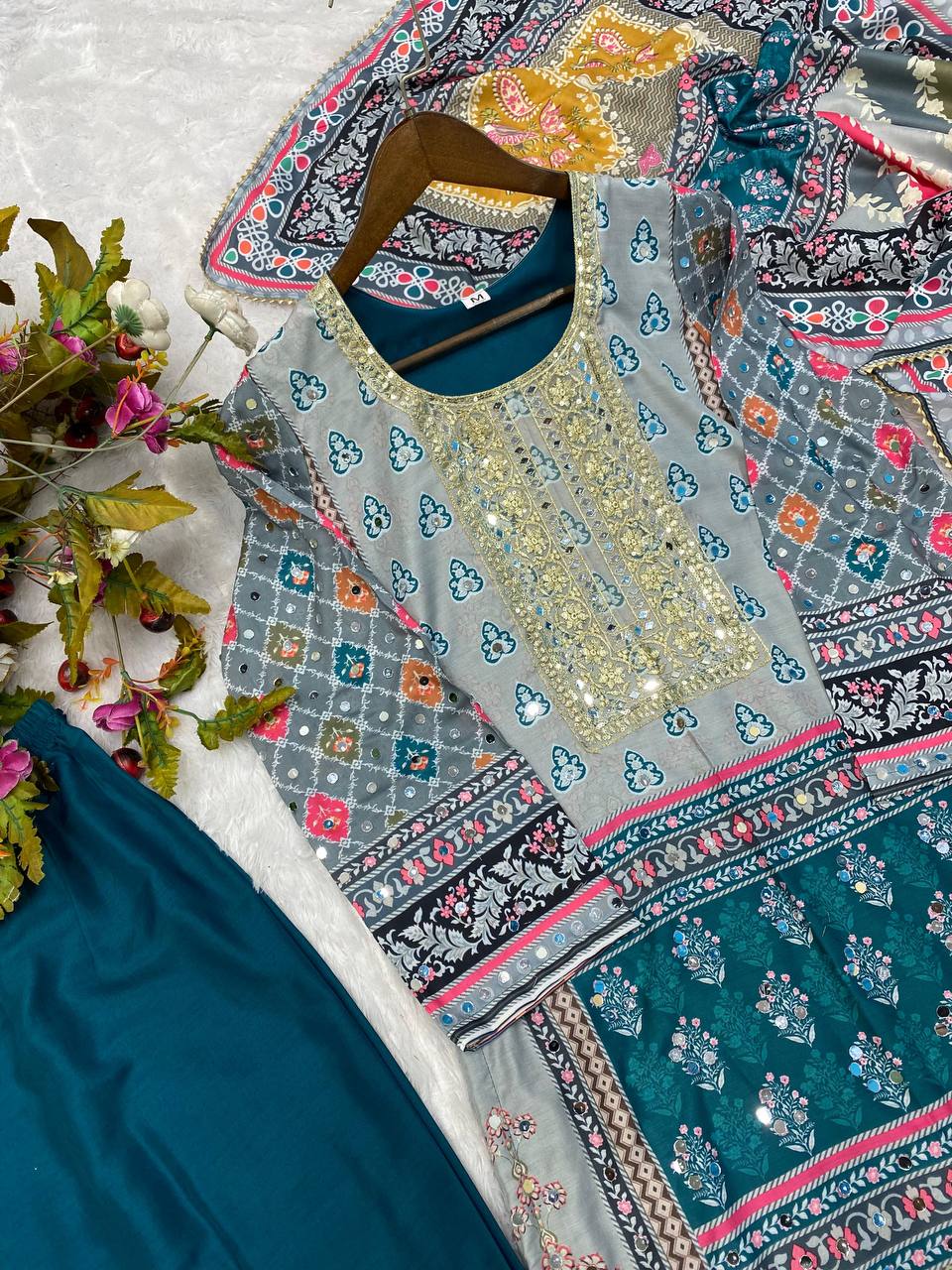 Shining Multi Print With  Mirror Work  Teal Blue Palazzo Suit