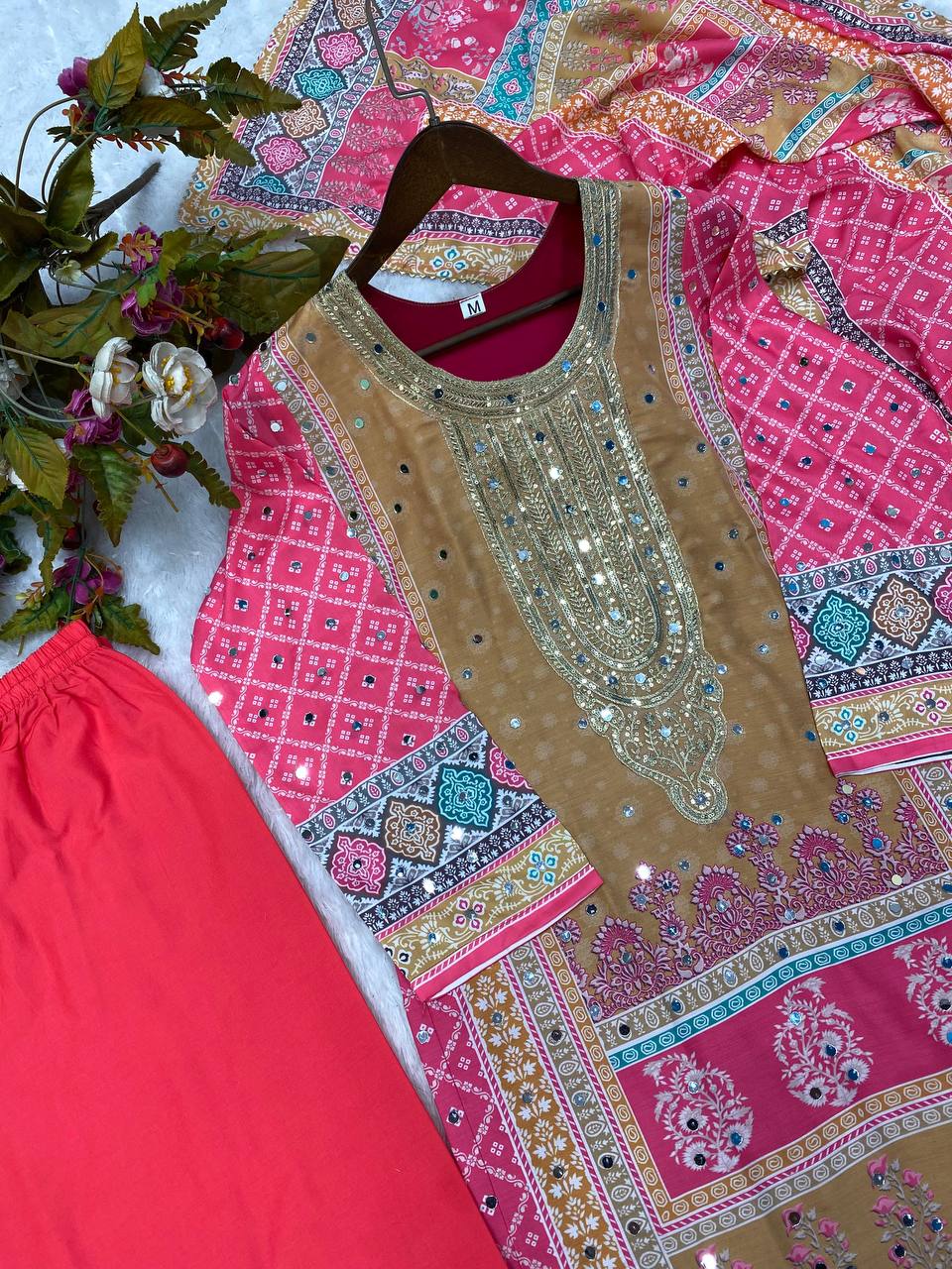 Shining Multi Print With  Mirror Work Pink Palazzo Suit