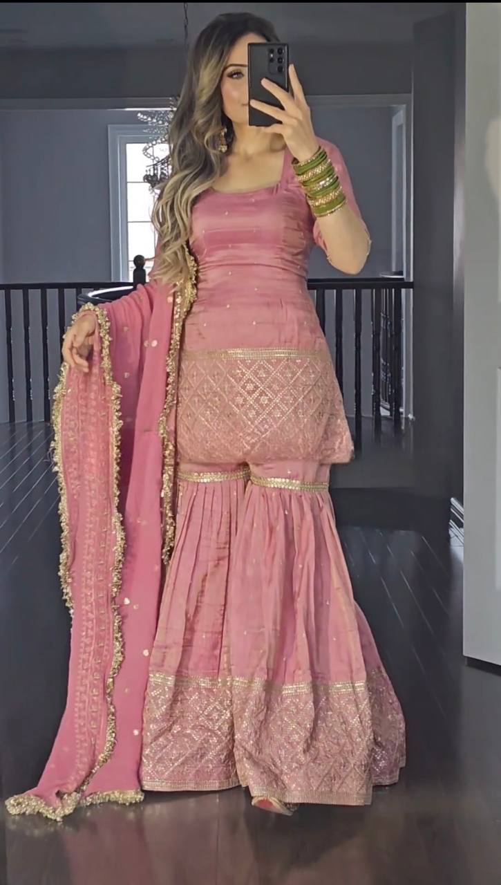 Fully Stitched Fabulous Peach Color Sharara Suit