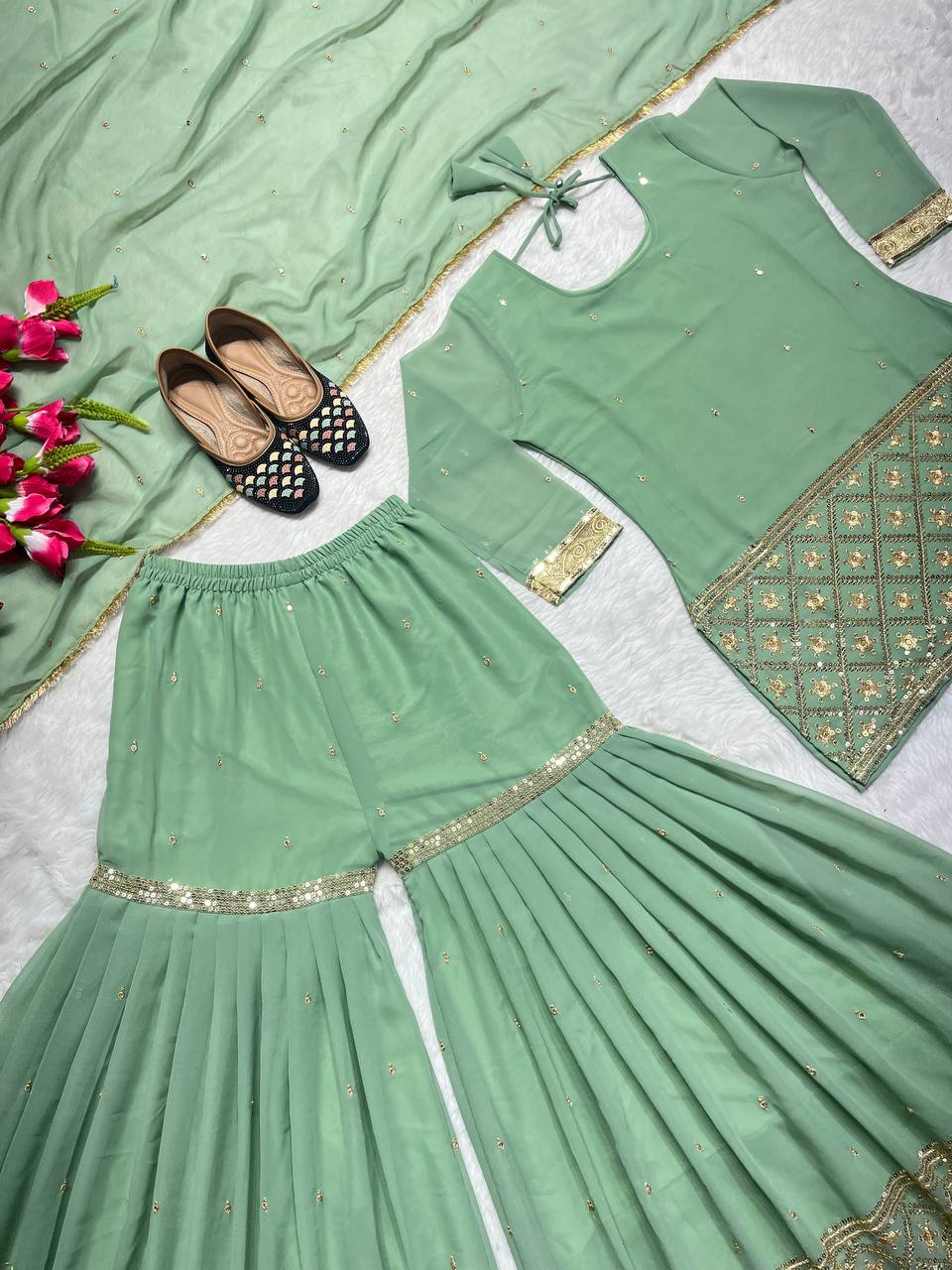 Fully Stitched Fabulous Pista Green Color Sharara Suit