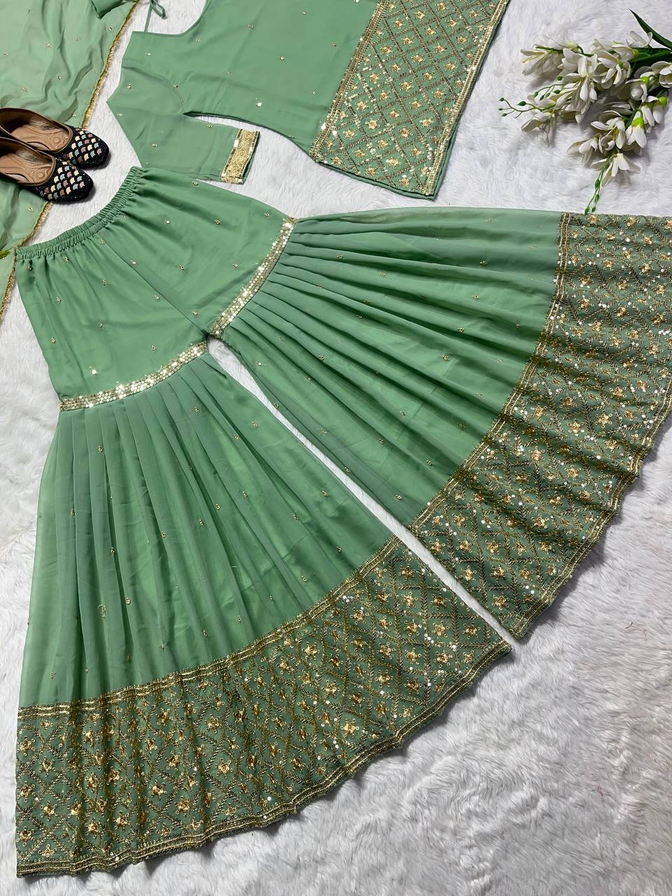 Fully Stitched Fabulous Pista Green Color Sharara Suit