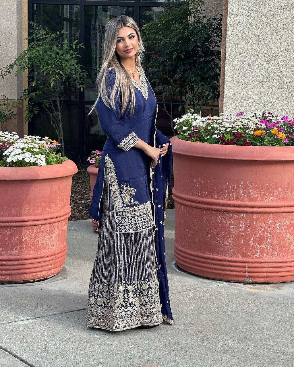 Navy Blue Sharara Set With Heavy Embroidery Work
