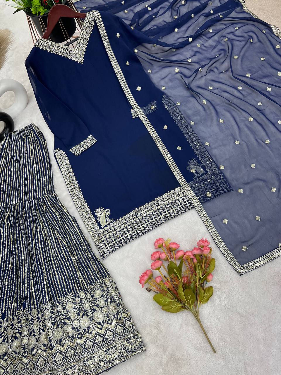 Navy Blue Sharara Set With Heavy Embroidery Work