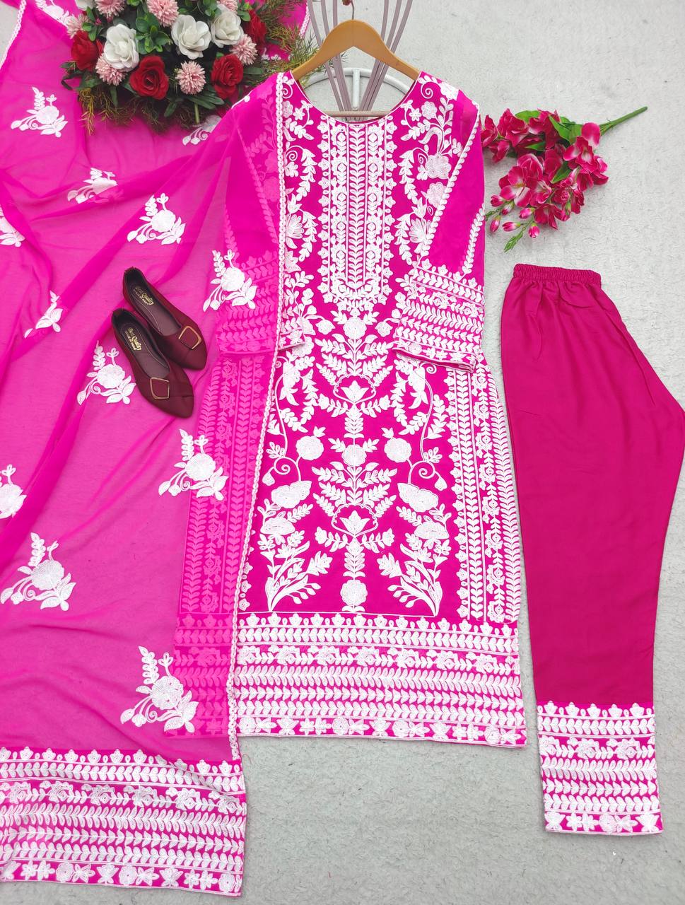 White Embroidery Work Pink Color Adorable Salwar Suit