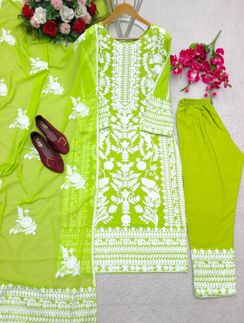 White Embroidery Work Green Color Adorable Salwar Suit