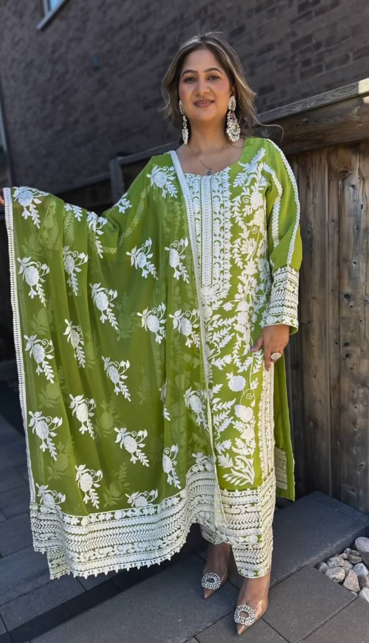 White Embroidery Work Green Color Adorable Salwar Suit