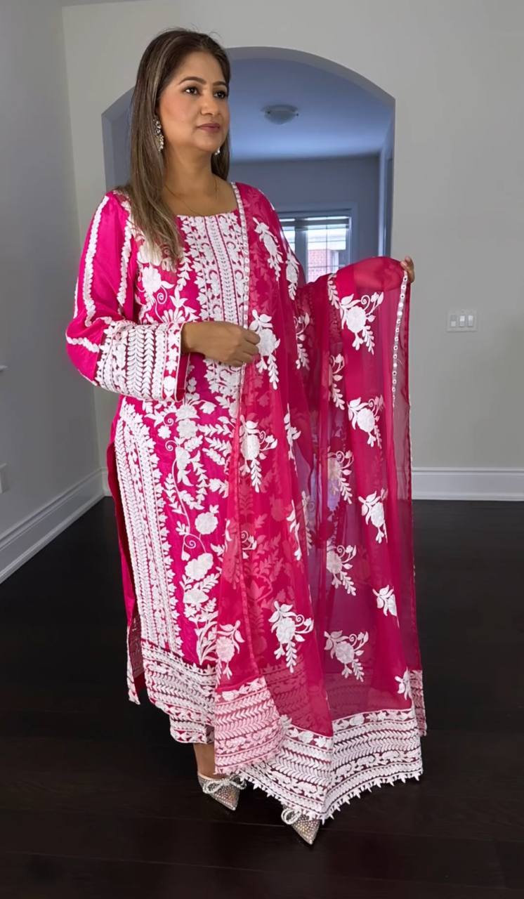 White Embroidery Work Pink Color Adorable Salwar Suit
