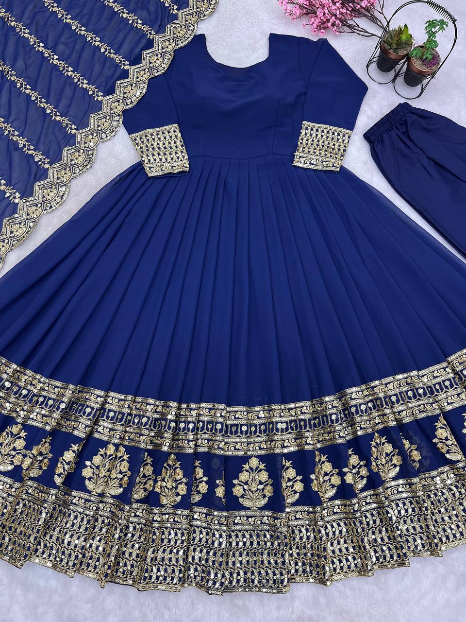 Beautiful Blue Color Sequence Work Gown