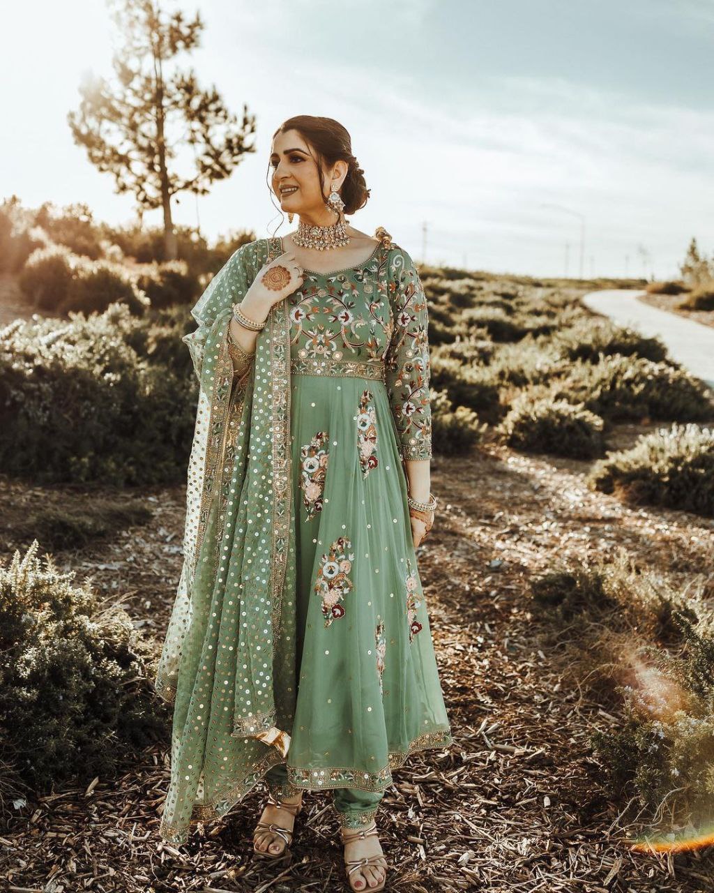 Elegant Pista Green Color Thread Work Anarkali Gown