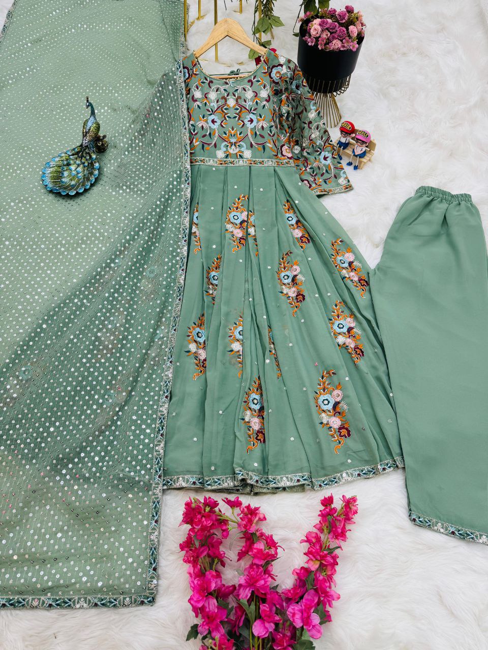 Elegant Pista Green Color Thread Work Anarkali Gown