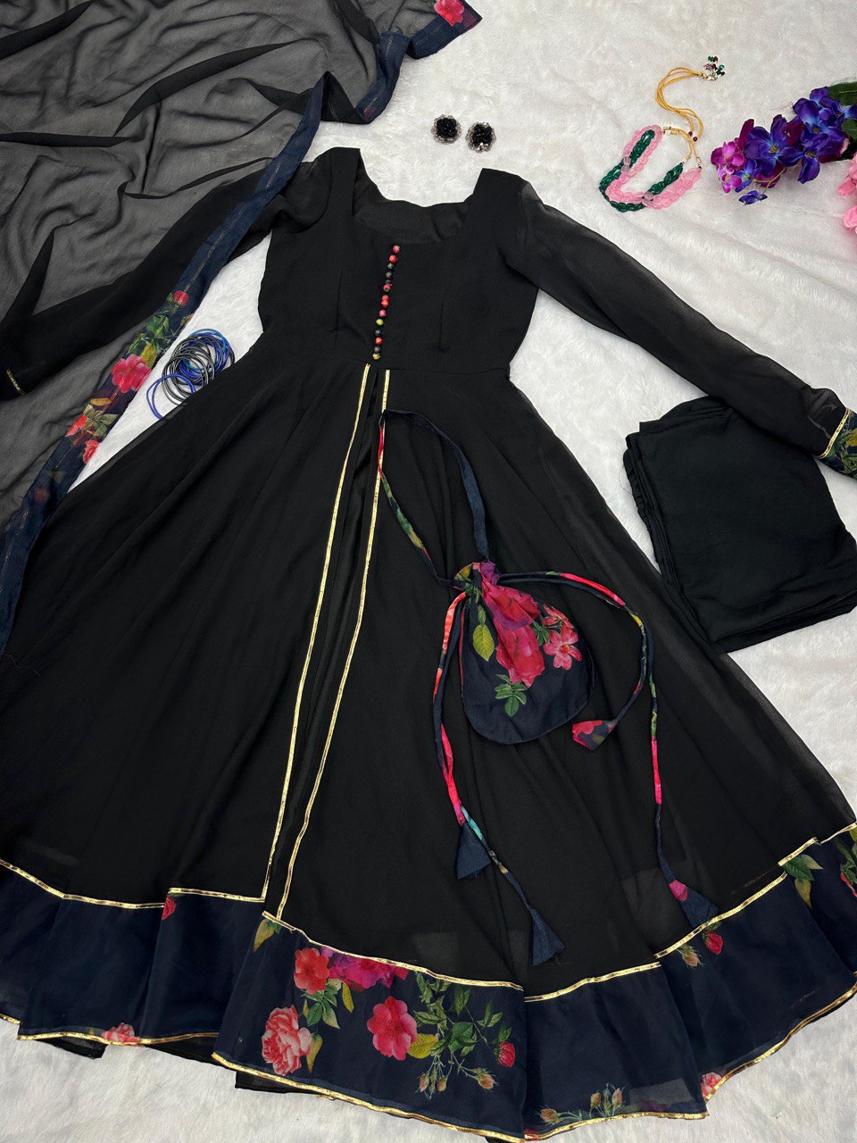 Casual Wear Printed Organza Border Black Anarkali Suit