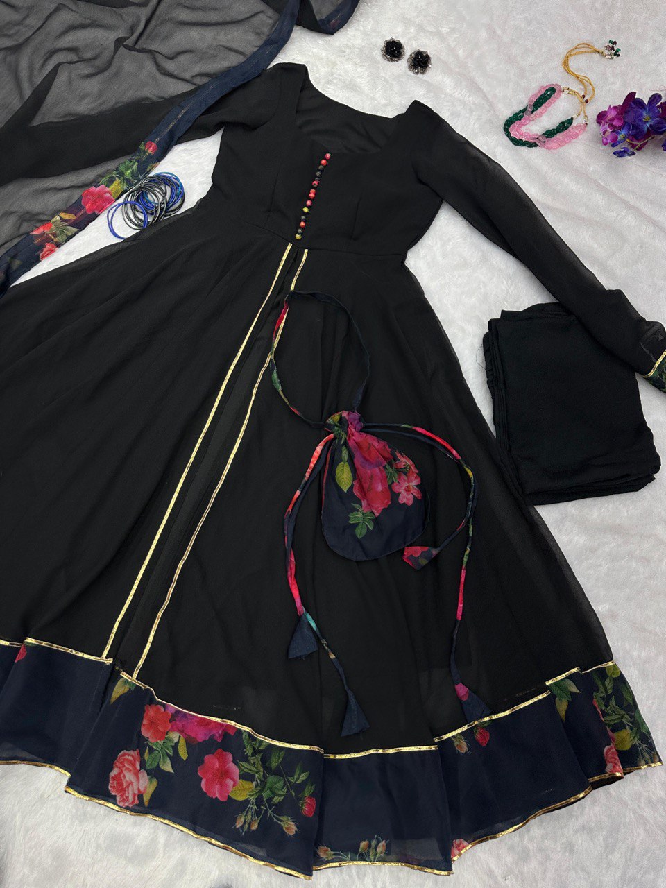 Casual Wear Printed Organza Border Black Anarkali Suit