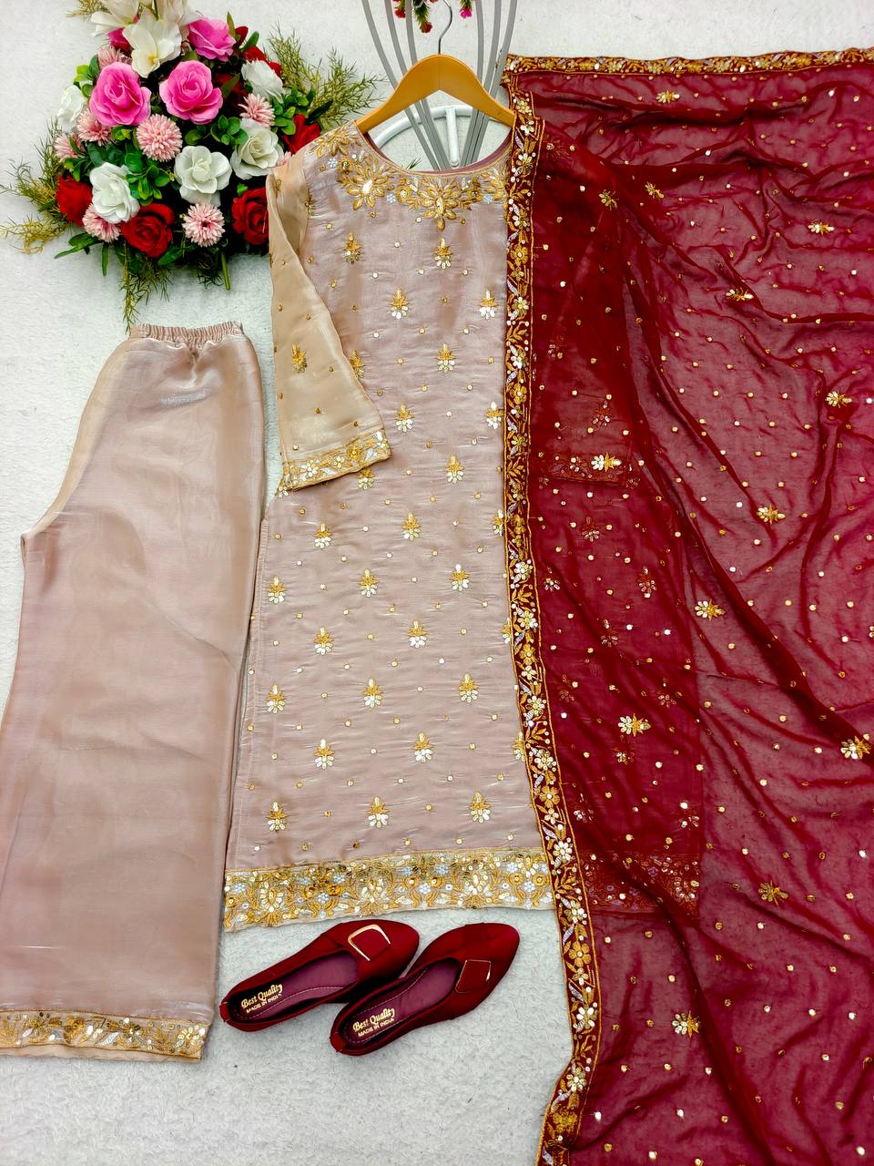 Festive Wear Beige Color Salwar Suit With Maroon Dupatta