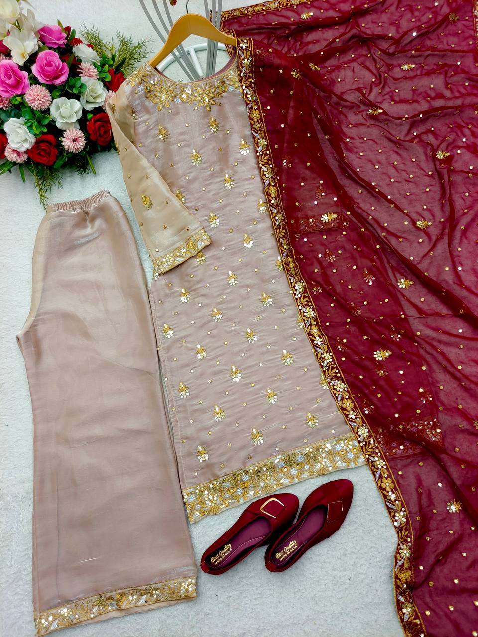 Festive Wear Beige Color Salwar Suit With Maroon Dupatta
