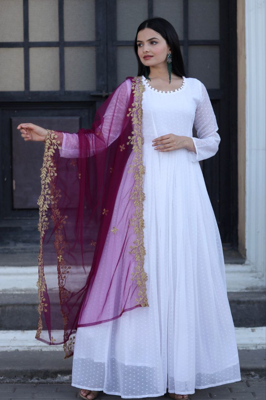 White Color Georgette Designer Gown With Wine Dupatta