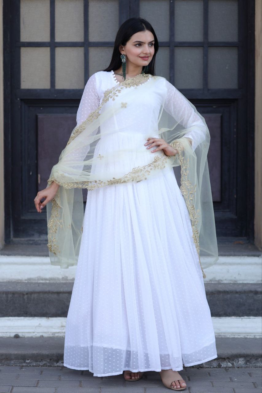 White Color Georgette Designer Gown With Yellow Dupatta