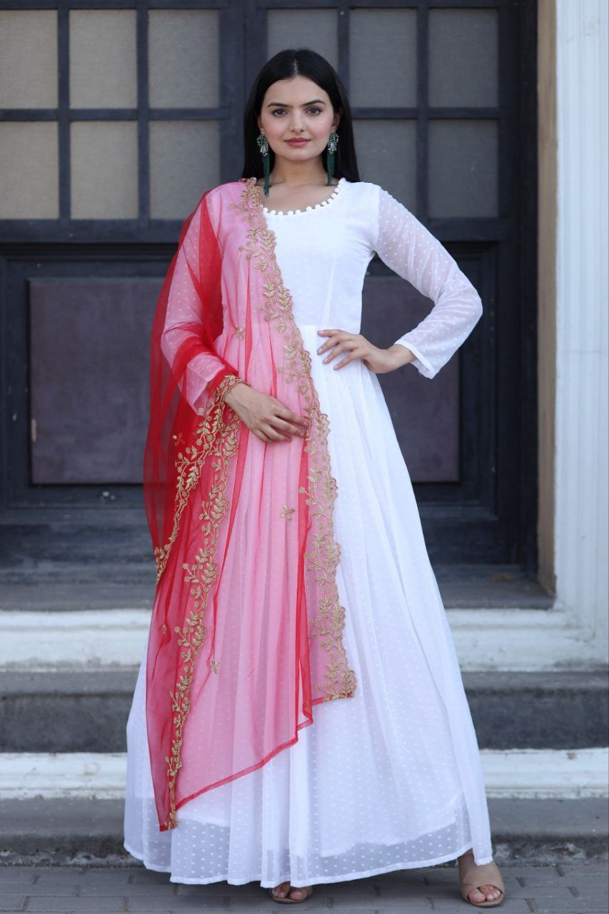 White Color Georgette Designer Gown With Red Dupatta