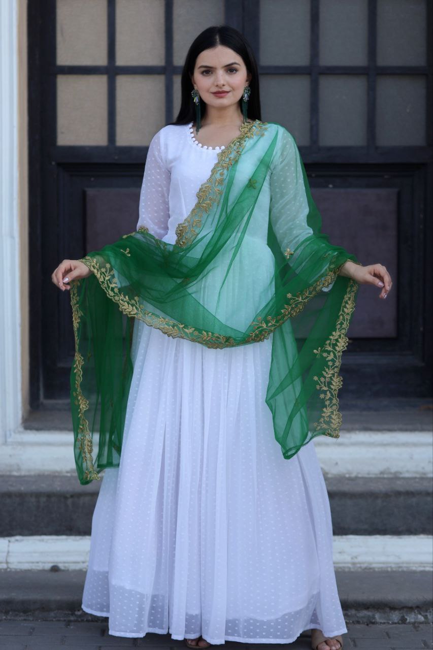 White Color Georgette Designer Gown With Green Dupatta