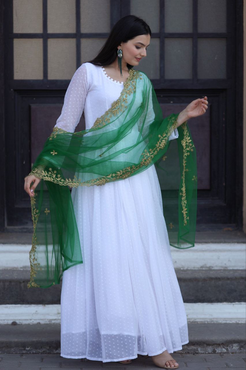 White Color Georgette Designer Gown With Green Dupatta