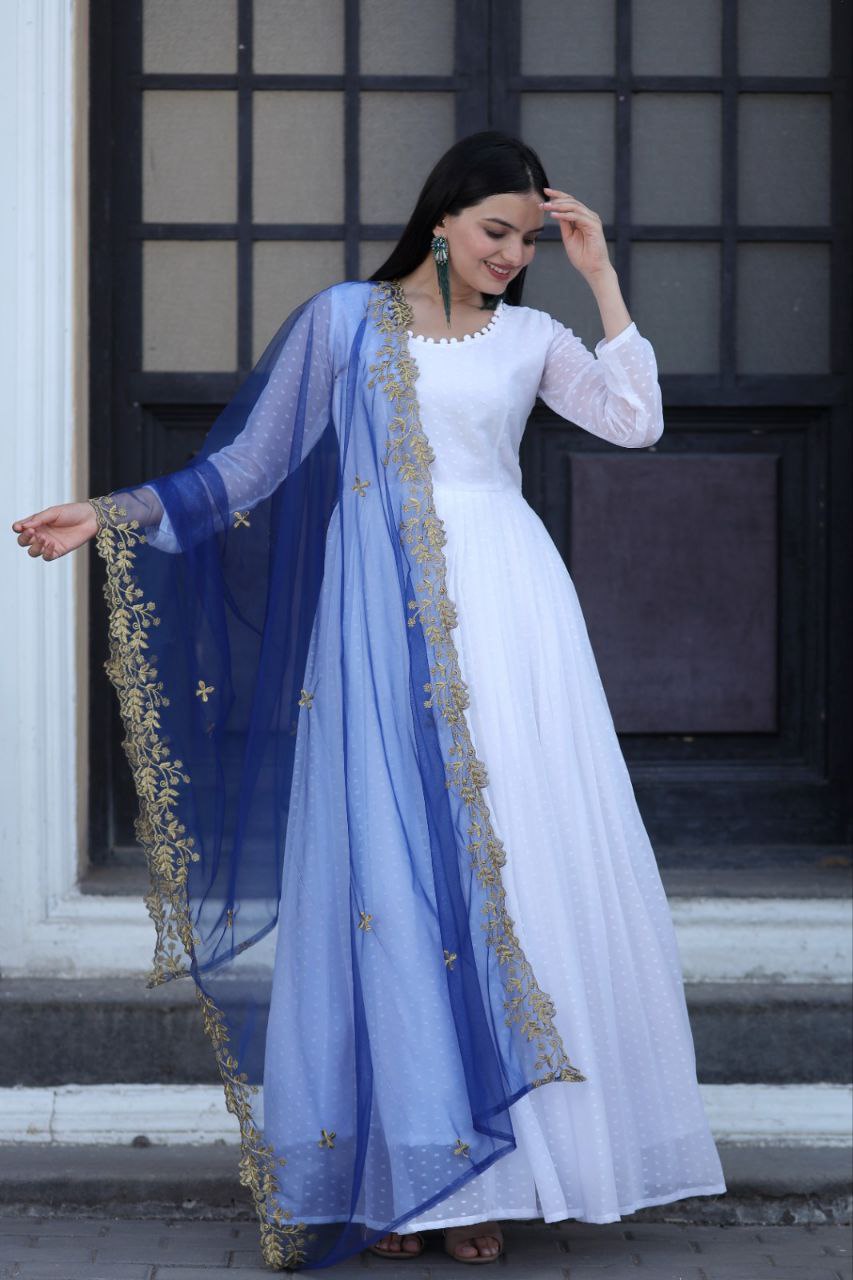 White Color Georgette Designer Gown With Blue Dupatta